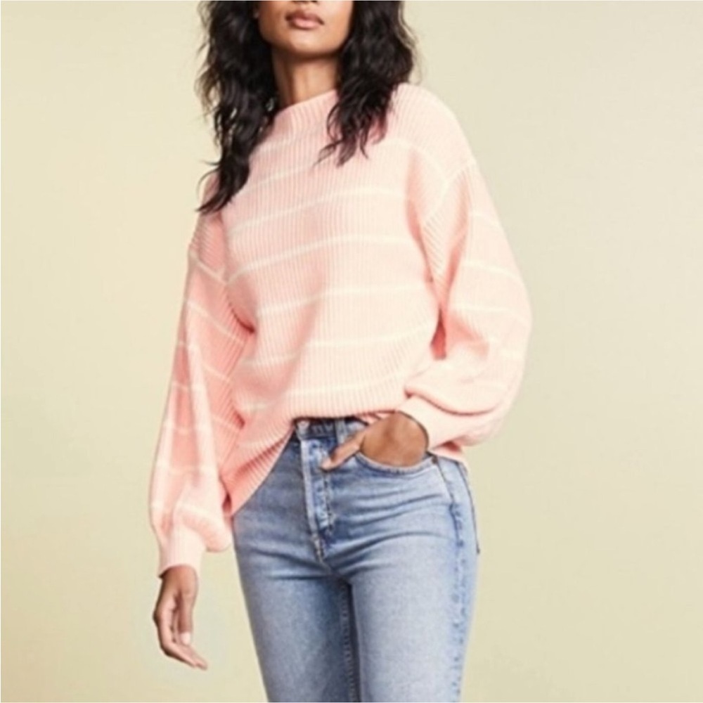 SAYLOR Knit Sweater Size M/L Pink/White Bette Striped Balloon Sleeves High Neck